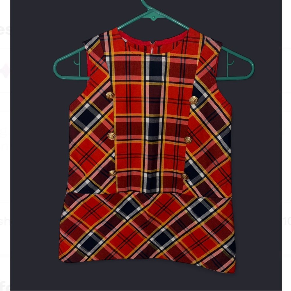 VTG Damsel Red Plaid Sleeveless Mod Mini Dress With Gold Buttons 50s-60s